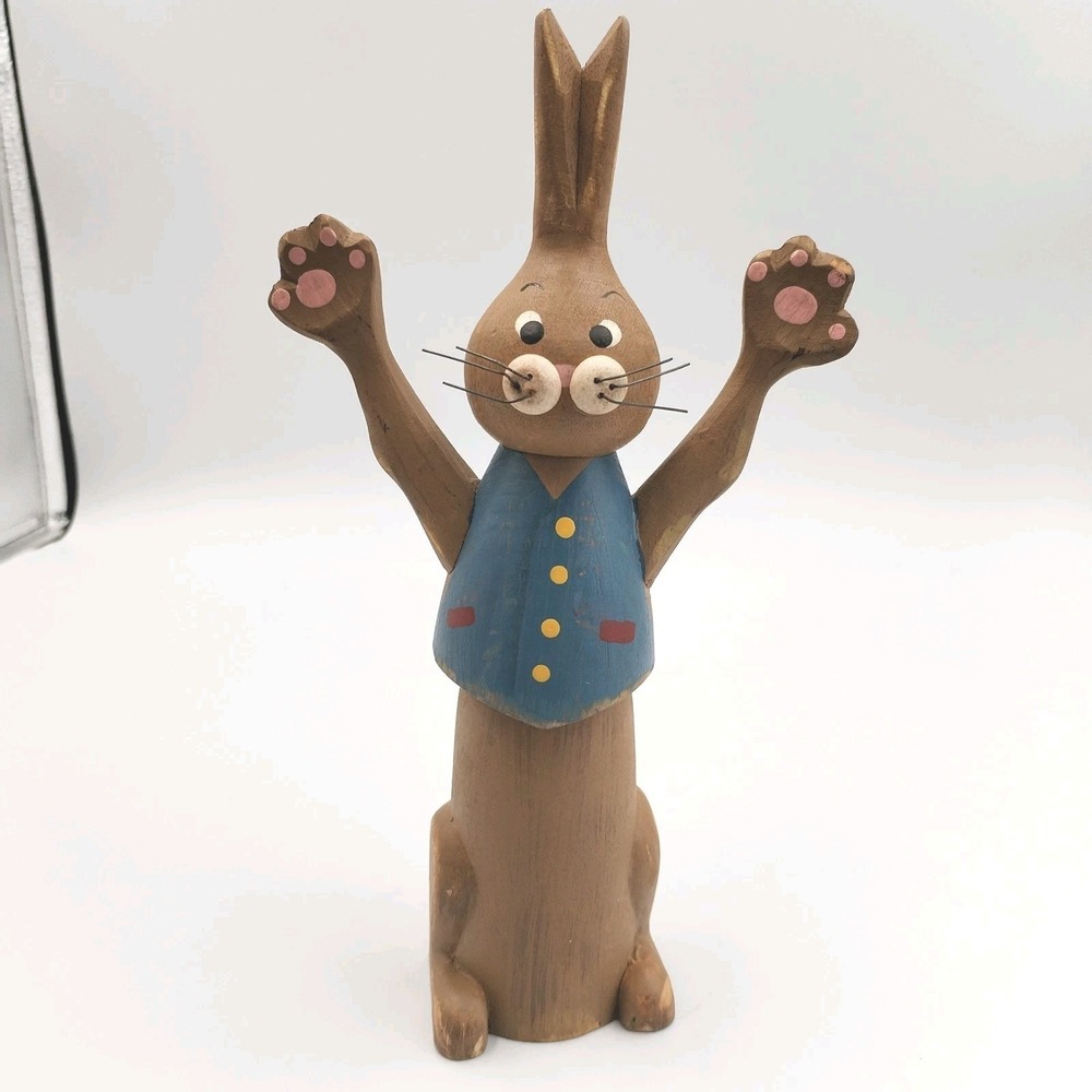 Vintage Hand Painted Wood Bunny Rabbit Figurine 8" Wire Whiskers Folk Art